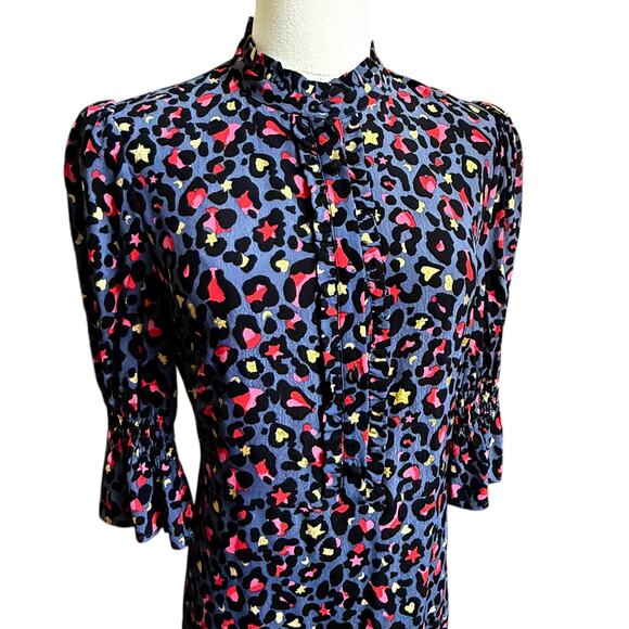 WYSE London Aimee Leopard Midi Dress Size 1 Fit S Ruffled Neckline 100% Viscose - Picture 4 of 13